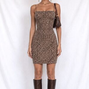 Vintage Y2K 90s Brown Animal Leopard Print Mini Bodycon Cocktali Dress Size XS/S